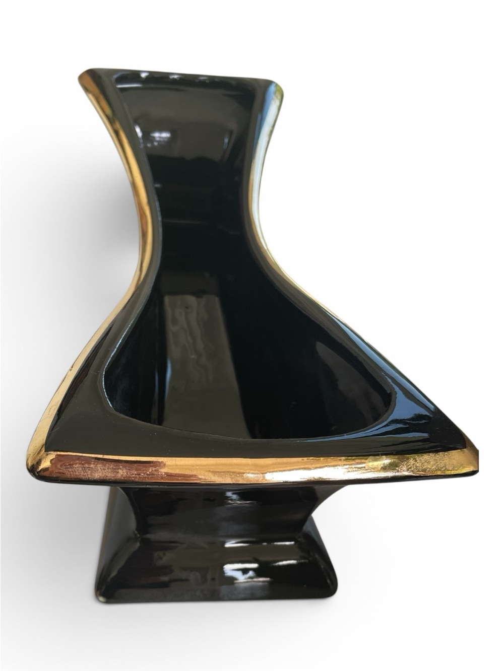 Stanford ware glossy black planter, 1950s, distinctive 24 carat gold trim